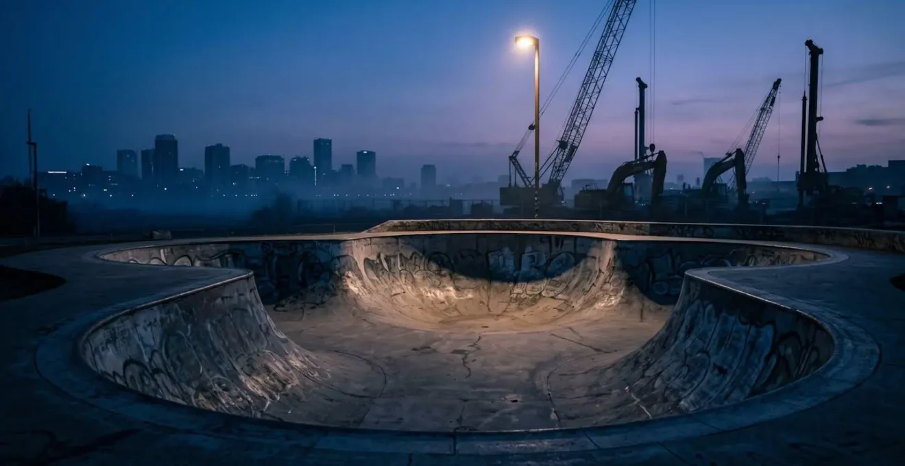 Verlaten skatepark met sloopmaterieel op de achtergrond
