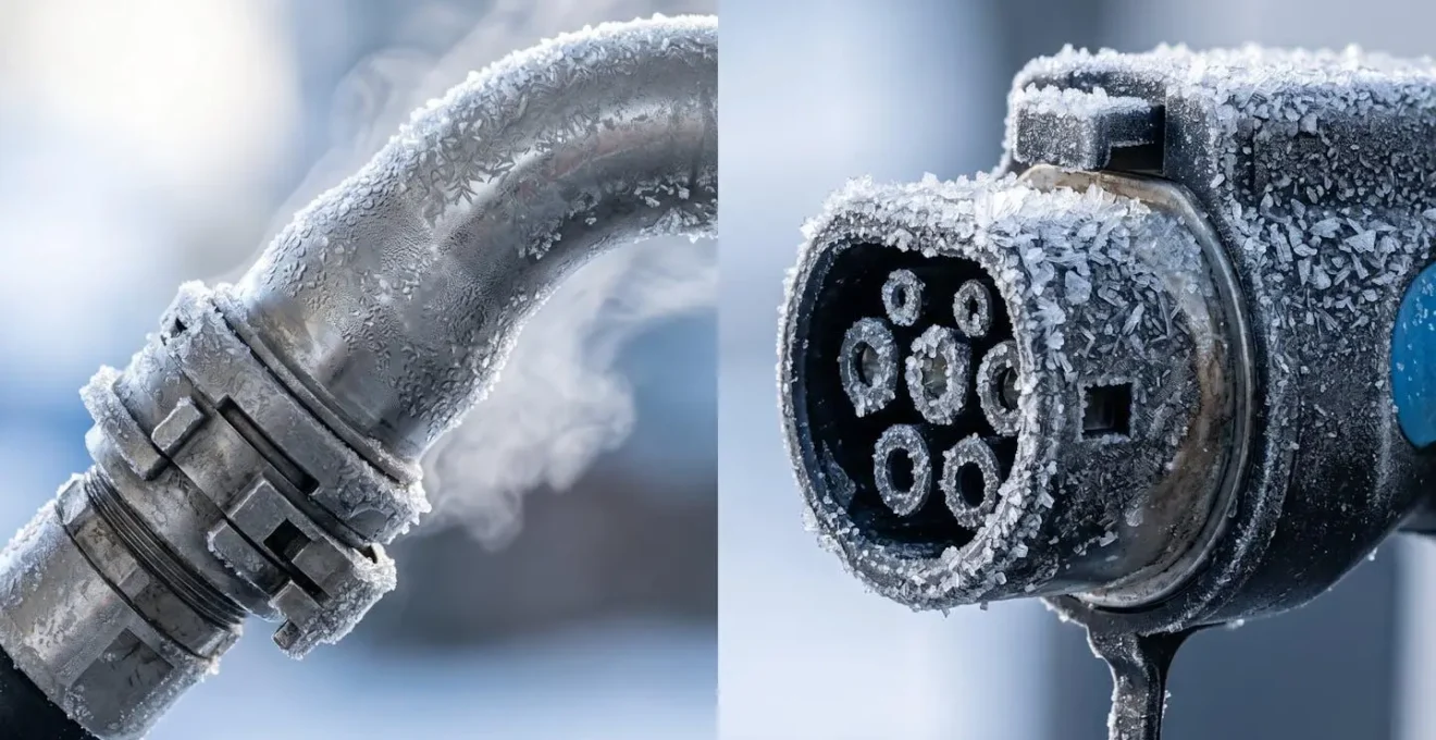 Close-up vergelijking van waterstof- en batterijbusonderdelen in winterse omstandigheden