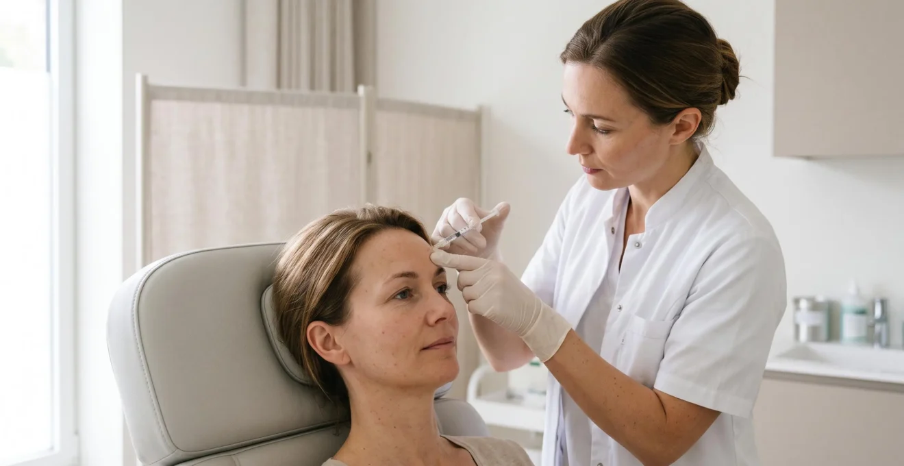 Een arts voert een botulinetoxine-injectie uit in het voorhoofd van een patiënte in een behandelkamer van een esthetische kliniek.