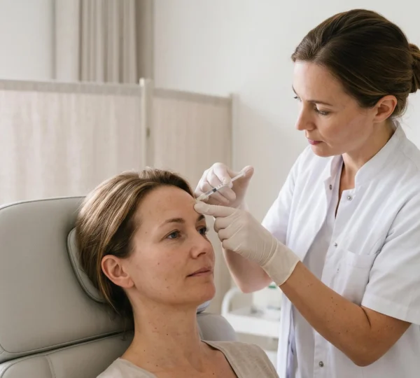 Een arts voert een botulinetoxine-injectie uit in het voorhoofd van een patiënte in een behandelkamer van een esthetische kliniek.