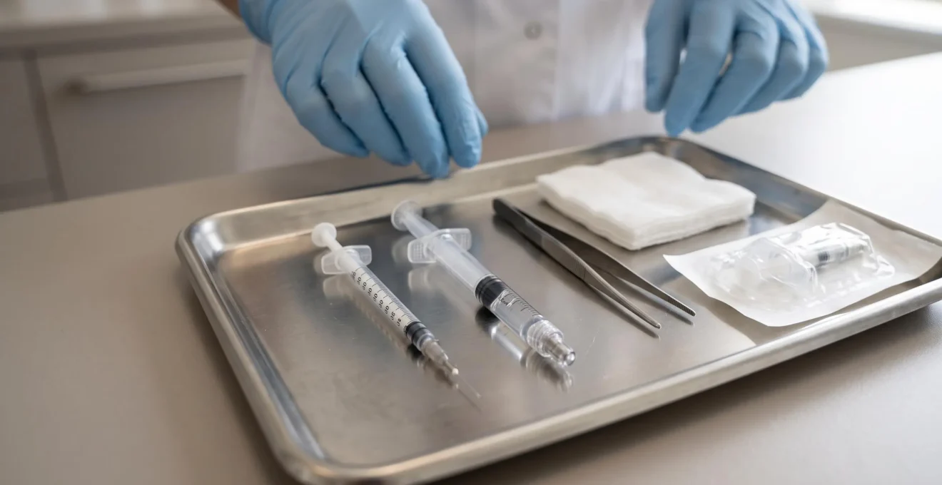 Twee verschillende injectiespuiten met fijne naalden liggen op een steriele metalen tray naast steriele verpakkingen.